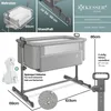 A collage of images showing a baby crib, its dimensions, and features. The main image is a detailed shot of the crib on a stand. Produktbild-Vorschau