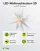 A white LED Christmas star with 18 points is shown hanging, with feature icons and text below. Produktbild-Vorschau
