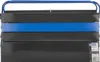 A black metal toolbox with a blue handle and a blue stripe across the front, shown from the front. Produktbild-Vorschau
