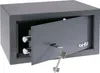 A gray safe with its door open and a key in the lock, presented on a white background. Voir les images du produit