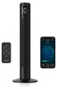 A black tower fan, its remote control, and a smartphone displaying the fan's app are arranged on a white background. Produktbild-Vorschau