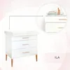 A white changing table with wooden legs and drawer pulls, shown with a close-up inset of the top drawers and some decorative items. Podgląd zdjęcia produktu