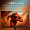 A gaming monitor displaying a split image of a character in a video game, with text overlay highlighting the monitor's refresh rate. Produktbild-Vorschau