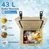 A beige cooler box filled with drinks and ice, with various food items listed on the side. Podgląd zdjęcia produktu
