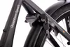 A close-up view of a bicycle's frame and rear wheel, featuring a lock and fender. Produktbild-Vorschau