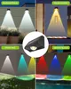 Collage of images showing solar fence lights in different applications: backyard fence, house number, house wall, and swimming pool. Produktbild-Vorschau