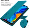 A teal flip case for a smartphone, shown open with the phone screen visible. The case has a floral design and a magnetic closure. Anteprima dell’immagine prodotto