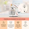 A white and rose gold stand mixer is shown in the center, with informational graphics below it. Podgląd zdjęcia produktu