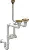 A white double sink drain assembly with gold strainers and a flexible overflow pipe. Náhled obrázku produktu