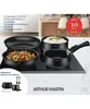 A set of cookware displayed on a stovetop, with text and graphics providing product information. Voir les images du produit