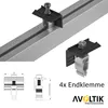 Close-up view of solar panel mounting hardware, including end clamps and a section of aluminum rail. Produktbild-Vorschau
