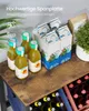 A close-up shot of a SONGMICS beverage crate shelf filled with bottles and cartons, with text overlays highlighting product features. Produktbild-Vorschau