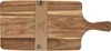 A wooden cutting board with a handle, lying flat on a white background. A paper band is wrapped around the board with text and a logo. Náhled obrázku produktu