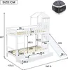 A diagram of a white bunk bed with a slide and drawer, showing various dimensions. Podgląd zdjęcia produktu
