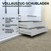 A close-up view of white drawers of a cabinet, with text overlays highlighting features. Produktbild-Vorschau