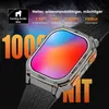 A close-up marketing image of a smartwatch with a colorful display, set against a dark background with large text overlays highlighting its features. Produktbild-Vorschau