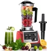 A red high-performance blender filled with fruits, next to a glass of green juice and some fresh ingredients. Produktbild-Vorschau