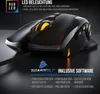 A black gaming mouse with orange LED lighting is shown on a dark background, with text overlays describing its features. Produktbild-Vorschau