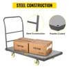 A gray platform cart with two cardboard boxes on it, with close-up insets highlighting steel construction and powder coating. Podgląd zdjęcia produktu