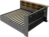 A 3D rendering of a bed frame with a slatted base and a headboard with multiple compartments. Produktbild-Vorschau