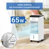 A white air cooler is shown in a living room setting with a couch and curtains in the background. Text overlays highlight features. Produktbild-Vorschau
