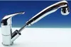 A chrome faucet with a pull-out spray head is shown against a blue and white background. Produktbild-Vorschau