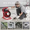 A man is using a pipe cleaning machine with different attachments, and the image shows various applications for the machine. Podgląd zdjęcia produktu
