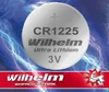 A close-up of a CR1225 lithium coin cell battery with brand and specifications visible, set against a background of blue lightning. Produktbild-Vorschau