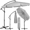 A collage of images showing a large cantilever umbrella in different states: fully open, folded, and with its cover. Náhľad obrázku produktu