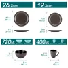 A diagram showing the dimensions and capacities of a dinnerware set, including plates, bowls, and mugs. Produktbild-Vorschau