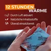 Hands holding a THERMOPAD hand warmer with marketing text overlayed on a dark red background. Náhled obrázku produktu