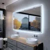 A modern bathroom with a large LED-lit mirror above a double vanity with two sinks. Produktbild-Vorschau