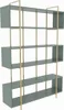 A modern, minimalist bookshelf with a green finish and gold metal frame. Produktbild-Vorschau