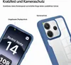 Close-up views of a blue phone case, highlighting its protective features for a Xiaomi Redmi Note 14. Produktbild-Vorschau