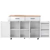 A white kitchen cart with a brown countertop and open cabinets and drawers, shown against a white background. Náhled obrázku produktu