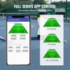 A smartphone displaying a tennis ball machine app interface, with diagrams of tennis court swings, set against a blurred background of a tennis court and a tennis ball machine. Anteprima dell’immagine prodotto