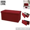 A collage of images showing a red storage bench. The main image is a front view of the bench. Smaller images show the bench open with storage inside, and the bench folded. Text overlays provide product details and branding. Produktbild-Vorschau