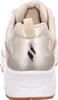 The back view of a gold and white sneaker. Voir les images du produit