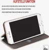 A smartphone in a flip case, shown in a stand-up position, with German text describing its features. Produktbild-Vorschau
