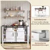 A kitchen buffet cabinet with sliding doors and drawers, displayed in a room setting with shelves above and decorative items. Voir les images du produit