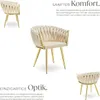 A collage of images showcasing a beige upholstered chair with gold legs, highlighting its design and comfort. Produktbild-Vorschau