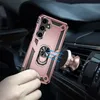 A hand holding a rose gold phone case with a ring holder, magnetically attached to a car vent mount. Produktbild-Vorschau