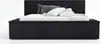 A black upholstered bed with a headboard and a mattress with pillows. Produktbild-Vorschau