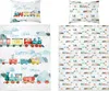 A collage of baby bedding with a train theme, showing different views and patterns. Produktbild-Vorschau
