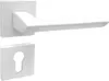 A white door handle set with a square rosette and a keyhole plate, isolated on a white background. Produktbild-Vorschau