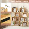 A wooden S-shaped bookshelf filled with books and decorative items, with close-up insets showing mounting hardware and felt floor protectors. Podgląd zdjęcia produktu