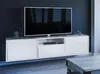 A modern living room setup with a wall-mounted TV stand and a large television. Produktbild-Vorschau