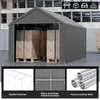 A grey carport tent filled with cardboard boxes, with three smaller inset images showing structural details and materials. Náhled obrázku produktu