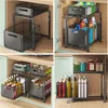 Collage of four images showing a two-tier pull-out cabinet organizer in different kitchen and bathroom settings, demonstrating its use for storing various items. Produktbild-Vorschau