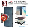 A product image showcasing a blue leather phone case with RFID blocking features, along with diagrams illustrating its construction and functionality. Anteprima dell’immagine prodotto